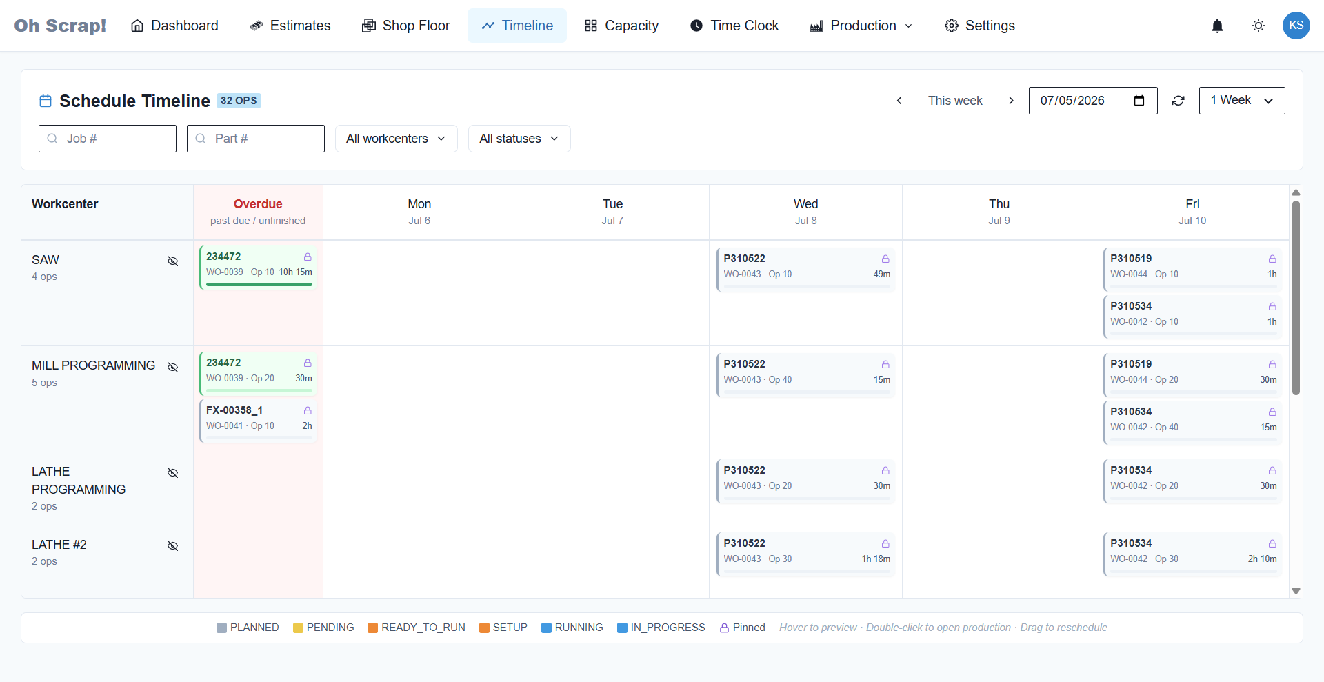 OH SCRAP scheduling timeline placing work orders across saw, mill, and lathe work centers by capacity and due date